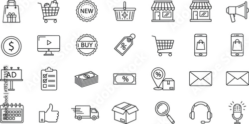 Ecommerce Marketing and Online Shopping Line Icon Set with Cart, Discount, Payment, Delivery, Storefront, and Digital Advertising Outline Vector Symbols