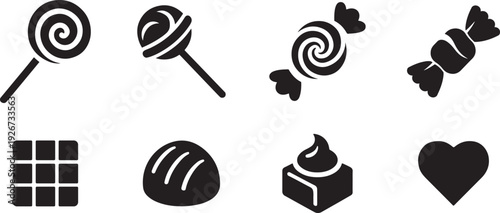 Sweet Candy and Chocolate Icon Set Silhouette Collection of Lollipop Dessert Heart and Confectionery Symbols