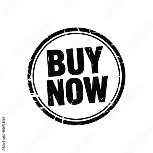 Buy now circular stamp text, isolated on white background, grunge style