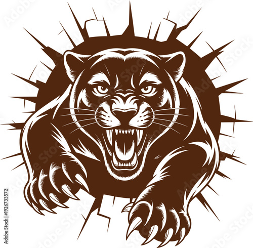 Fierce panther vector illustration bursting through cracked surface with claws extended, symbolizing strength, aggression, and impact.