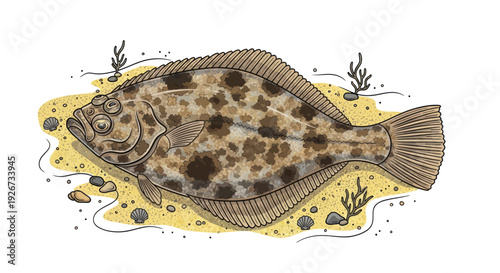 Flatfish on Sandy Seabed: Flounder Illustration, Camouflaged Marine Life