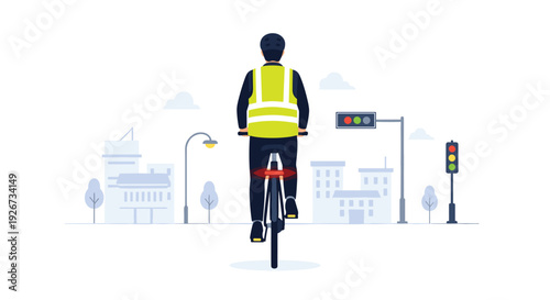 Rear view illustration of a cyclist wearing a reflective yellow vest riding through a city environment with traffic lights and building silhouettes.