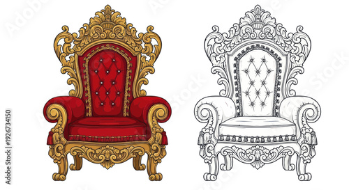Ornate Royal Throne Chair, Red and Gold, with Line Art Version