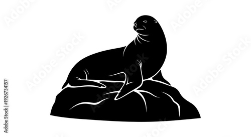 Silhouette of a seal resting on a rock against a white background.