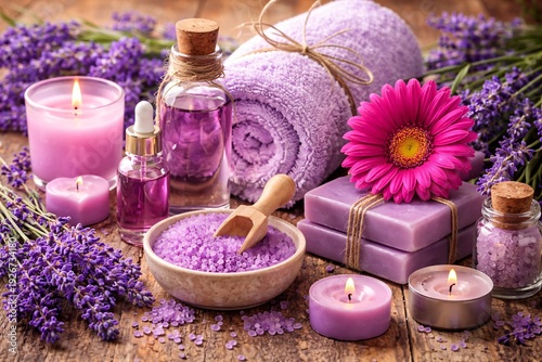 A beautiful spa and aromatherapy setup featuring lavender flowers, purple candles, essential oils, bath salts, and soap bars on a rustic wooden surface, creating a serene and relaxing atmosphere.