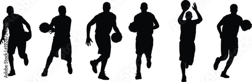 Black silhouettes of men playing basketball with balls on white background sports