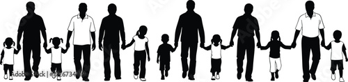 Family Walking Together Silhouette Collection with Parents and Children Holding Hands in Black Solid Vector Illustration Set