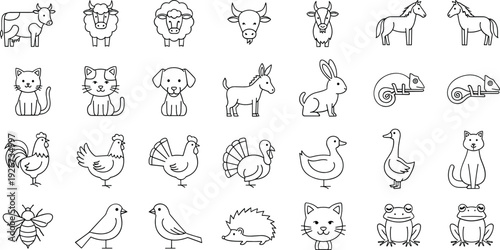 Farm and Domestic Animals Line Icon Set with Cow, Horse, Dog, Cat, Bird, Rabbit, and Wildlife Outline Vector Illustrations