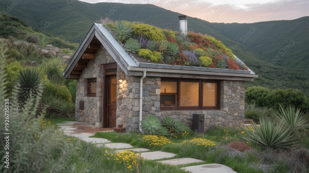 Fototapeta premium Cozy eco-friendly stone cottage with lush green roof in serene mountain landscape