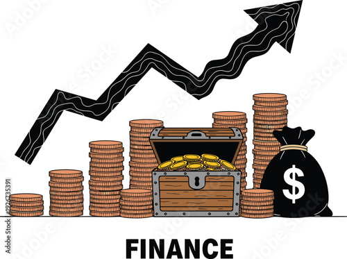 Finance Growth Concept Illustration with Rising Arrow, Stacked Coins, Treasure Chest and Money Bag Symbolizing Investment Profit and Business Success Strategy