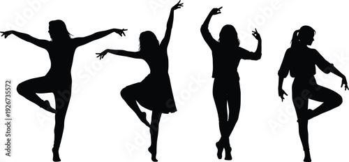 Female Dancer Silhouette Collection with Ballet and Contemporary Dance Poses in Elegant Black Solid Vector Illustration Set