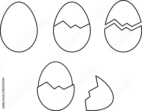 Egg Cracking Stages Line Art Icon Set – Minimal Outline Vector Illustration