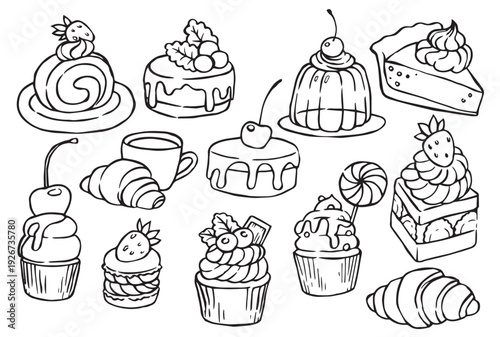 set of desserts and cakes. Doodle hand drawn illustration