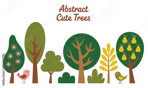 Abstract, cute trees and two cheerful birds stand in a whimsical forest scene, flat lighting on a white background, evoking innocence.