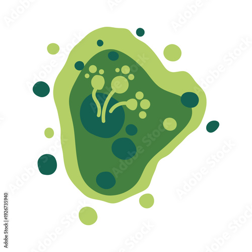 Microscopic mold colony in a damp indoor environment shows green and black fungus growth. Vector illustration.
