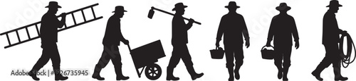 Black Solid Farmer Carrying Ladder Silhouettes Set of Six on White Background