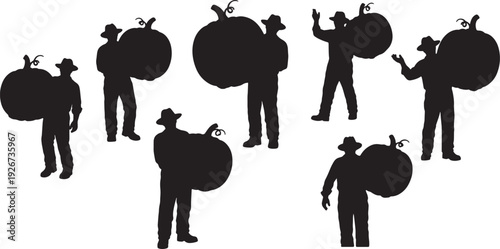 Black Solid Farmer Carrying Pumpkin Silhouettes Set of Six on White Background