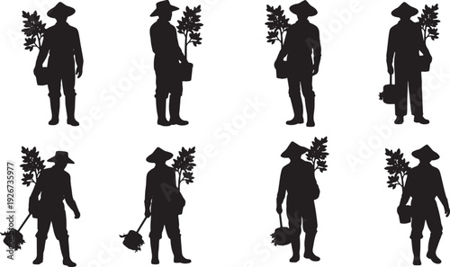 Black Solid Farmer Carrying Sapling Silhouettes Set of Six on White Background