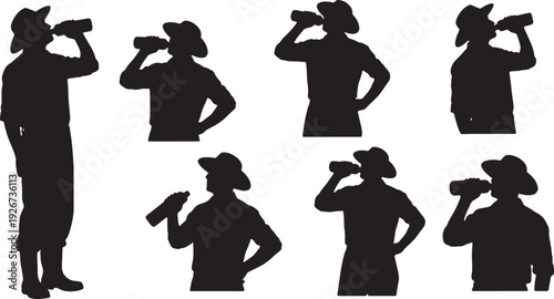 Black Solid Farmer Drinking Water Silhouettes Set of Six on White Background