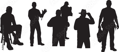 Black Solid Farmer Dressing For Work Silhouettes Set of Six on White Background