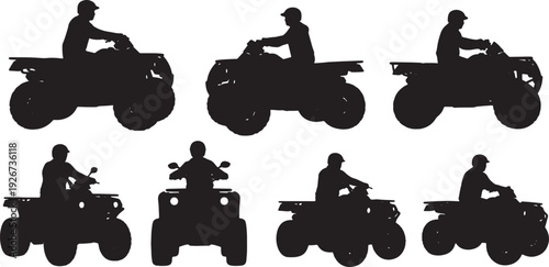 Black Solid Farmer Driving ATV Silhouettes Set of Six on White Background