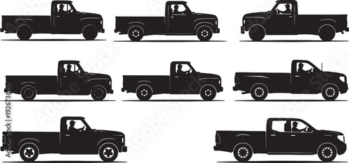 Black Solid Farmer Driving Pickup Silhouettes Set of Six on White Background