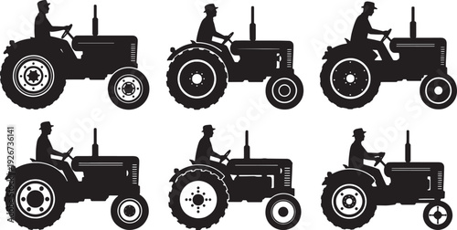 Black Solid Farmer Driving Tractor Silhouettes Set of Six on White Background
