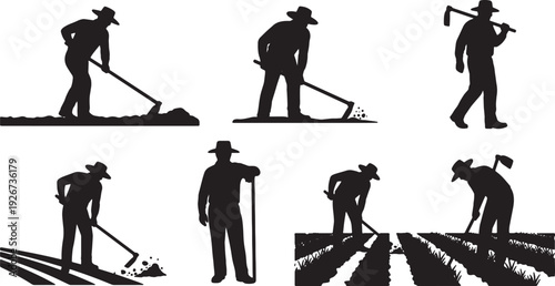 Black Solid Farmer Hoeing Land Silhouettes Set of Six on White Background