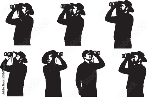 Black Solid Farmer Holding Binoculars Silhouettes Set of Six on White Background