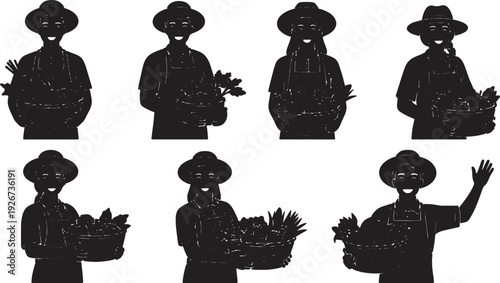 Black Solid Farmer Holding Basket Silhouettes Set of Six on White Background