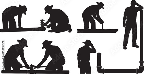 Black Solid Farmer Installing Irrigation Silhouettes Set of Six on White Background