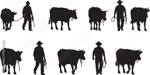 Black Solid Farmer Leading Cow Silhouettes Set of Six on White Background