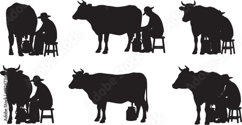 Black Solid Farmer Milking Cow Silhouettes Set of Six on White Background