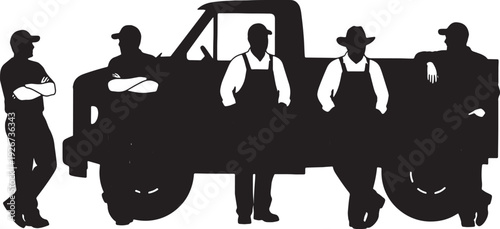 Black Solid Farmer Leaning Against Truck Silhouettes Set of Six on White Background