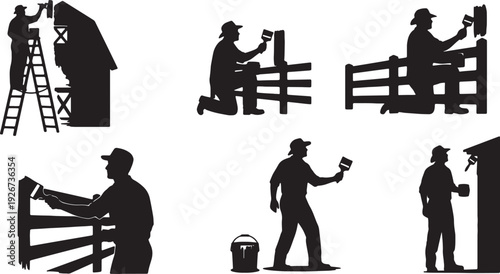 Black Solid Farmer Painting Barn Silhouettes Set of Six on White Background