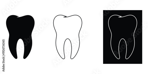 Dental icons of teeth in black, white, and outlined styles for medical use
