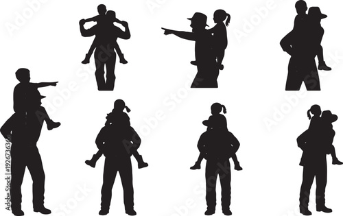 Black Solid Farmer Giving Piggyback Ride Silhouettes Set of Six on White Background