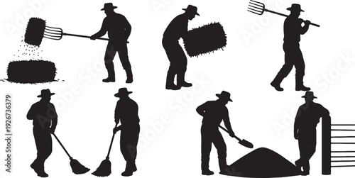 Black Solid Farmer Pitchforking Hay Silhouettes Set of Six on White Background