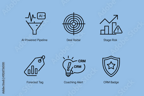 AI pipeline and crm badge icons, vector illustration for task automation, risk control, and alert management in digital workflows.