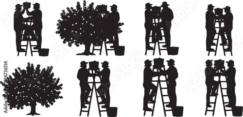 Black Solid Farmer Standing On Ladder Silhouettes Set of Six on White Background