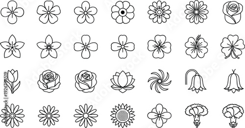 Flower Line Icons Set with Rose Daisy Lotus Sunflower and Floral Botanical Elements Vector Collection