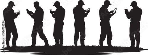 Black Solid Farmer Using Technology Silhouettes Set of Six on White Background