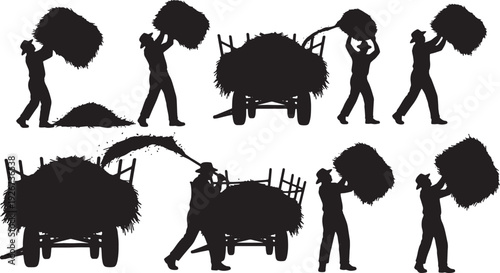 Black Solid Farmer Throwing Hay Silhouettes Set of Six on White Background