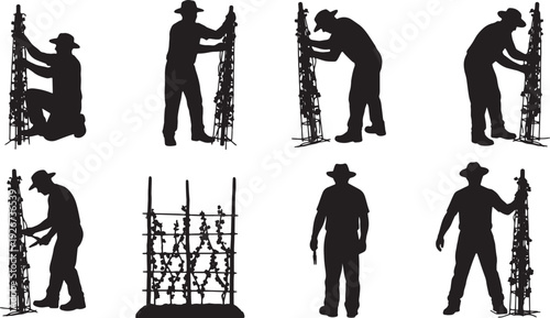 Black Solid Farmer Tying Plants Silhouettes Set of Six on White Background