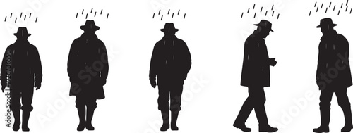 Black Solid Farmer Walking In Rain Silhouettes Set of Six on White Background