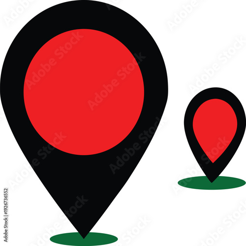 Two Red Circles with Black Outline and Green Dot Abstract Shapes Minimalist Design