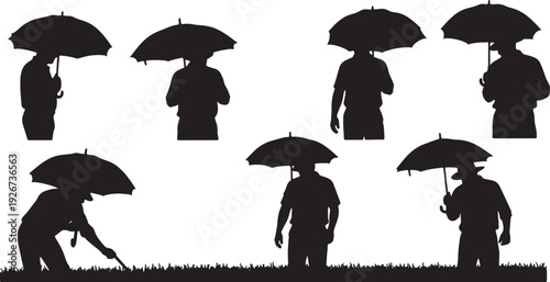 Black Solid Farmer With Umbrella Silhouettes Set of Six on White Background