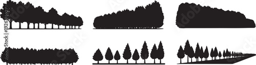Black Solid Farm Windbreak Tree Silhouettes Set of Six on White Background