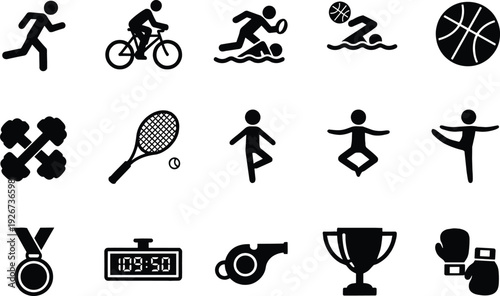 Comprehensive Athletic Sports and Fitness Icon Set Featuring Vector Symbols of Running Cycling Swimming Basketball Tennis Dumbbells Medal and Trophy
