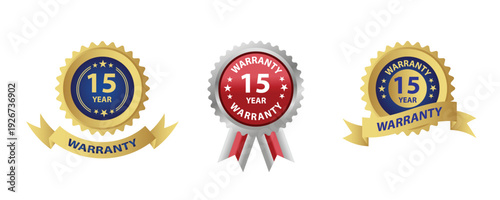 15 year warranty seal designs, featuring gold, red, and blue colors, displayed on a clean white background.